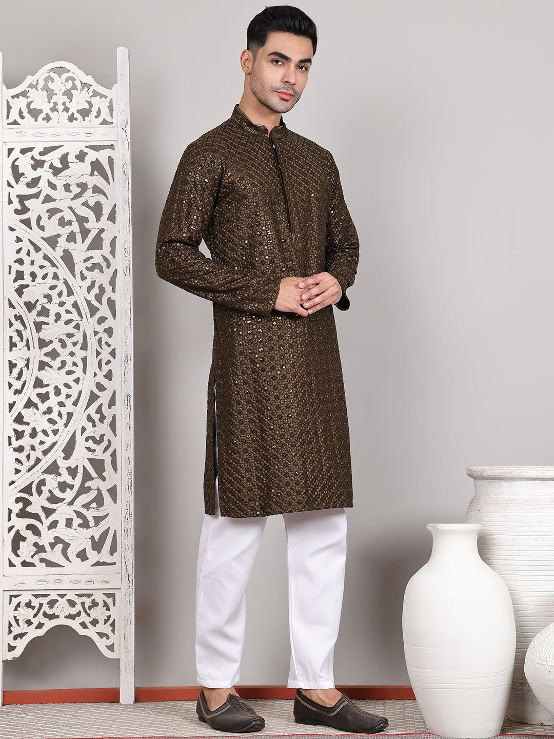 Viscose Sequins and Embroidered Kurta Set for Men ( JOKP P 5108Mehndi ) [FF] [I-1-4]