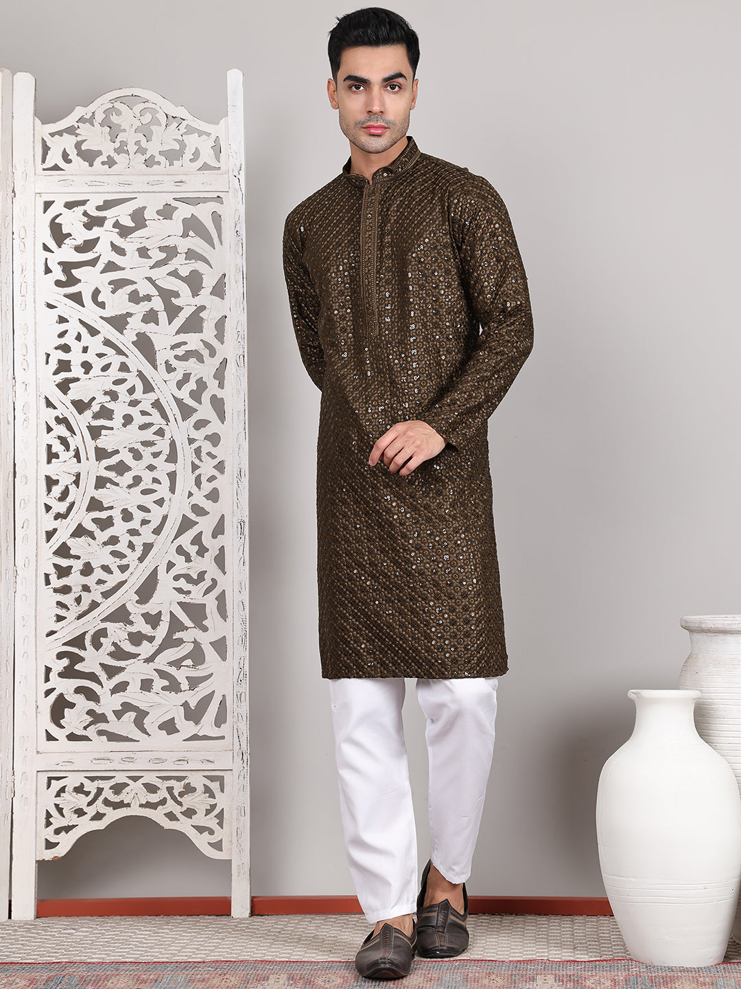 Viscose Sequins and Embroidered Kurta Set for Men ( JOKP P 5108Mehndi ) [FF] [I-1-4]