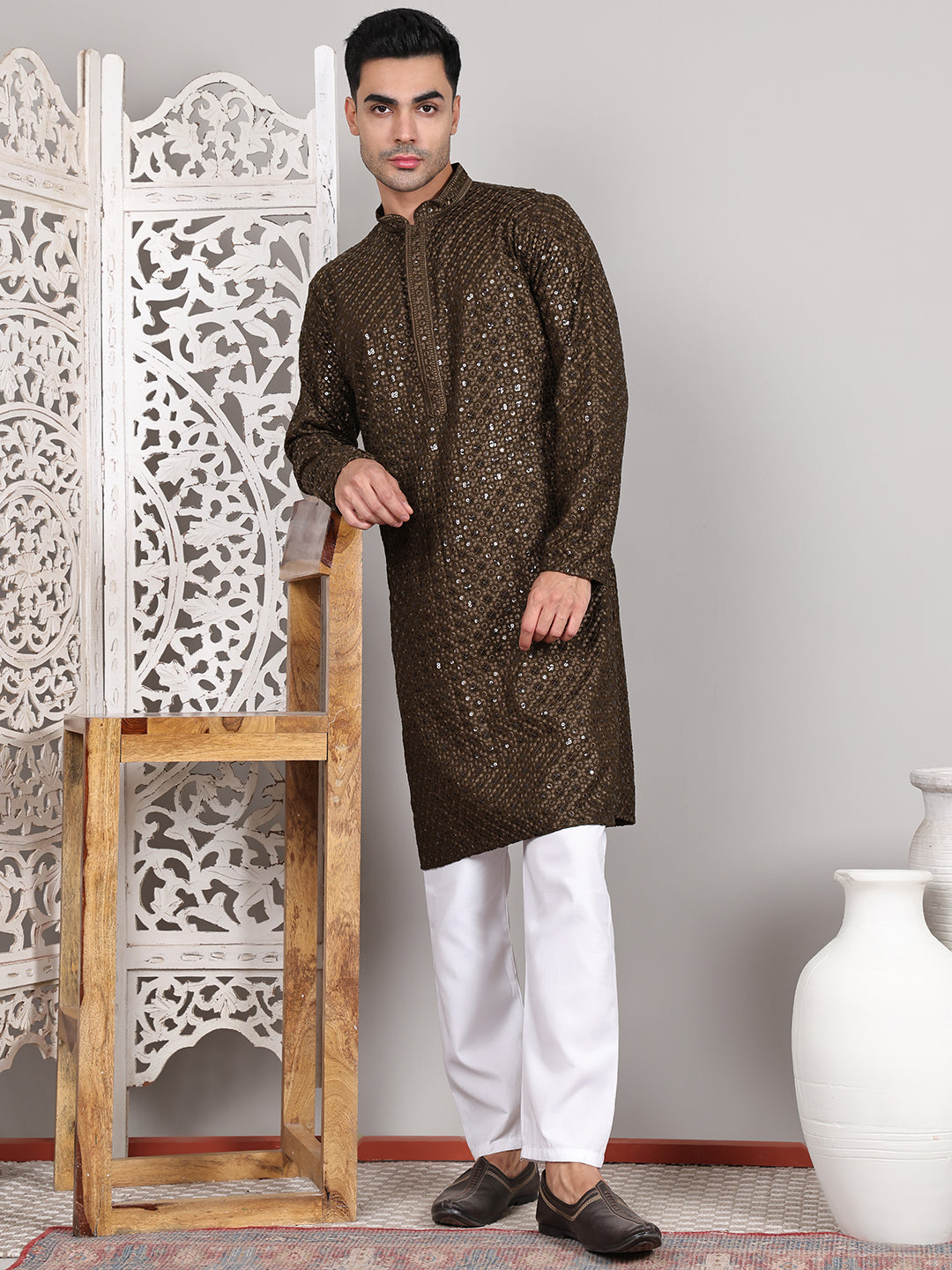 Viscose Sequins and Embroidered Kurta Set for Men ( JOKP P 5108Mehndi ) [FF] [I-1-4]