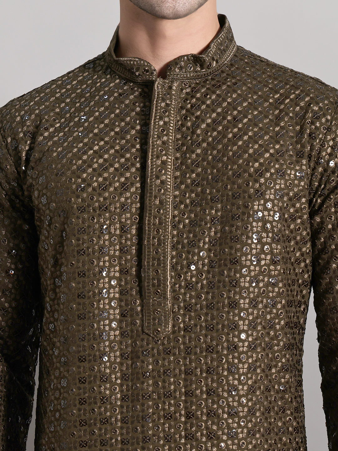 Viscose Sequins and Embroidered Kurta Set for Men ( JOKP P 5108Mehndi ) [FF] [I-1-4]