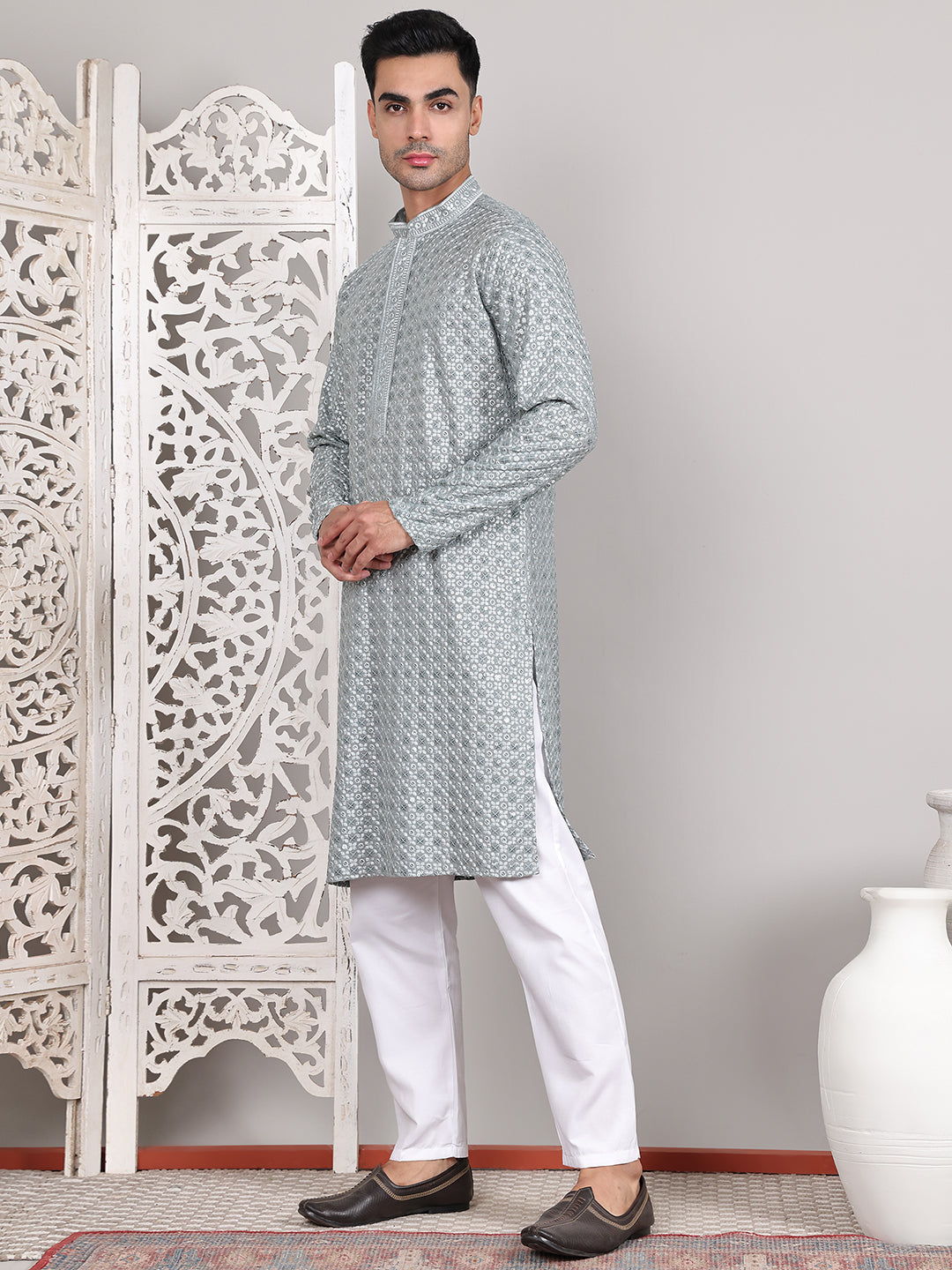 Viscose Sequins and Embroidered Kurta Set for Men ( JOKP P 5108Silver ) [FF] [I-1-4]