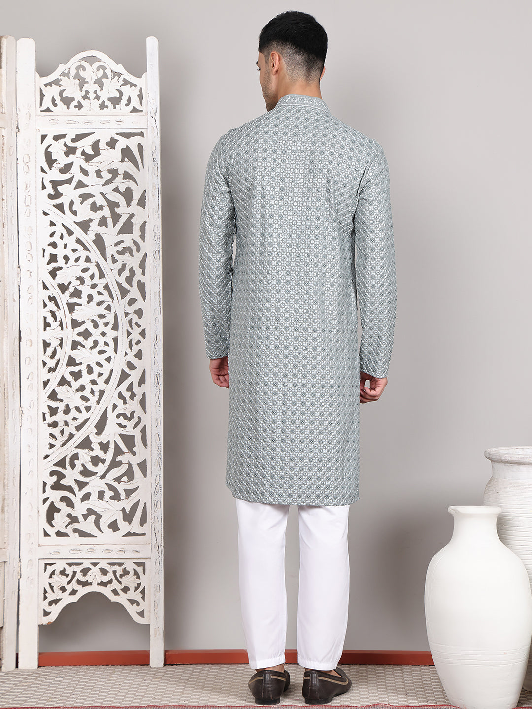 Viscose Sequins and Embroidered Kurta Set for Men ( JOKP P 5108Silver ) [FF] [I-1-4]