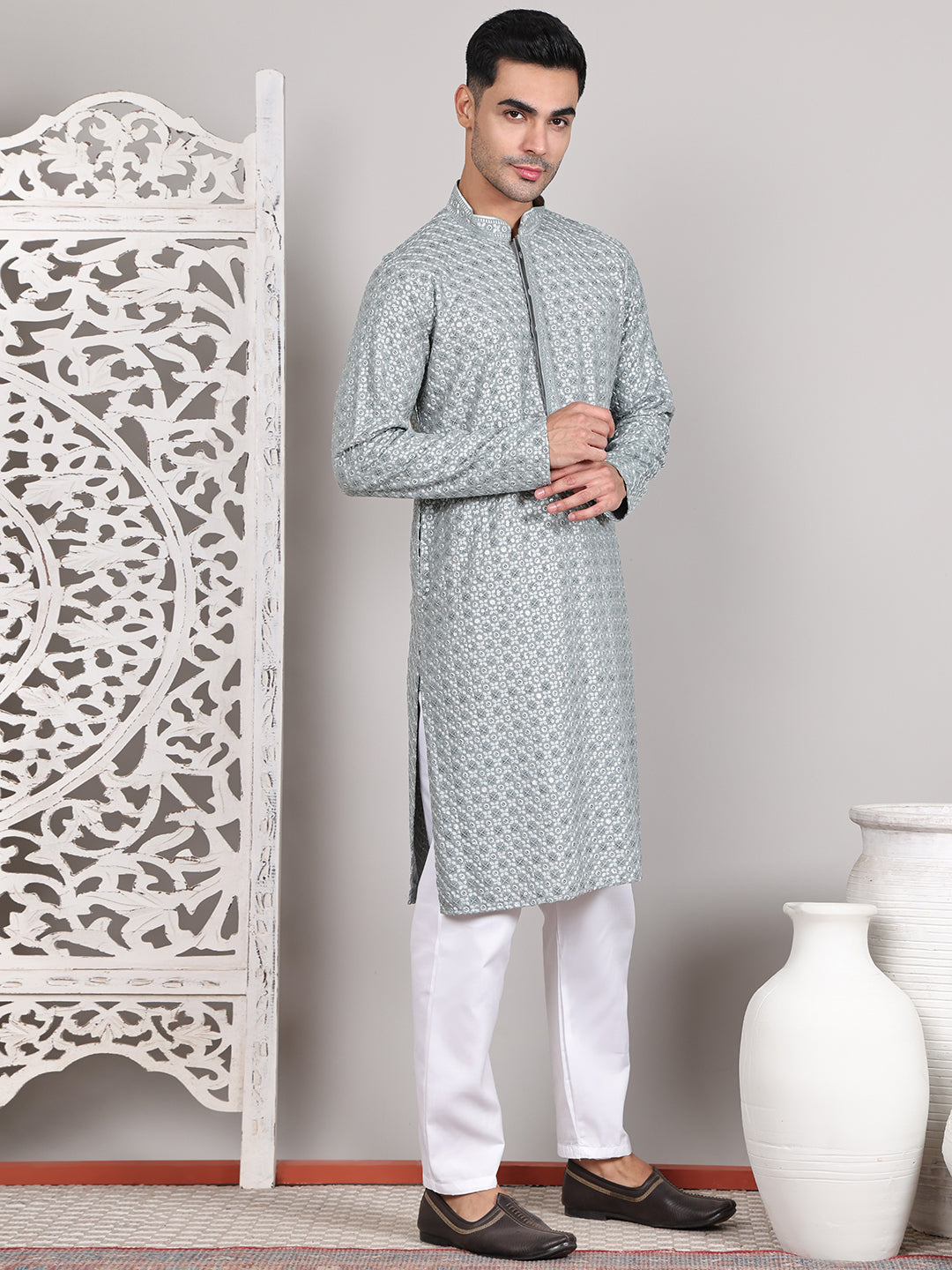 Viscose Sequins and Embroidered Kurta Set for Men ( JOKP P 5108Silver ) [FF] [I-1-4]