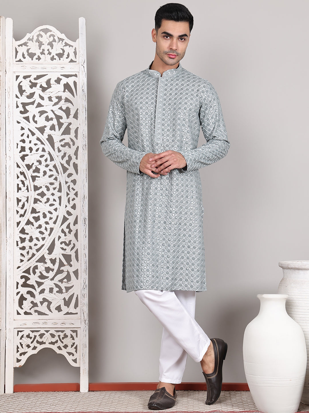 Viscose Sequins and Embroidered Kurta Set for Men ( JOKP P 5108Silver ) [FF] [I-1-4]