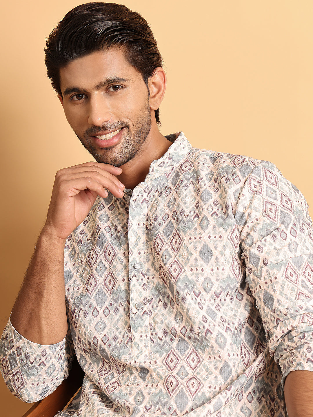 Chikankari Embroidered & Printed Kurta Set ( JOKP P 5109Off-White )