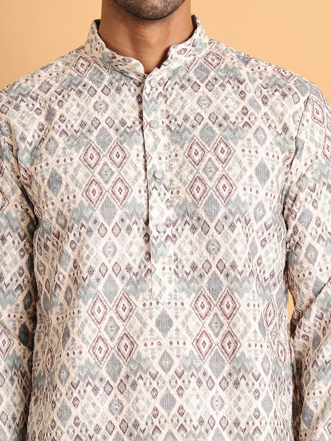 Chikankari Embroidered & Printed Kurta Set ( JOKP P 5109Off-White )