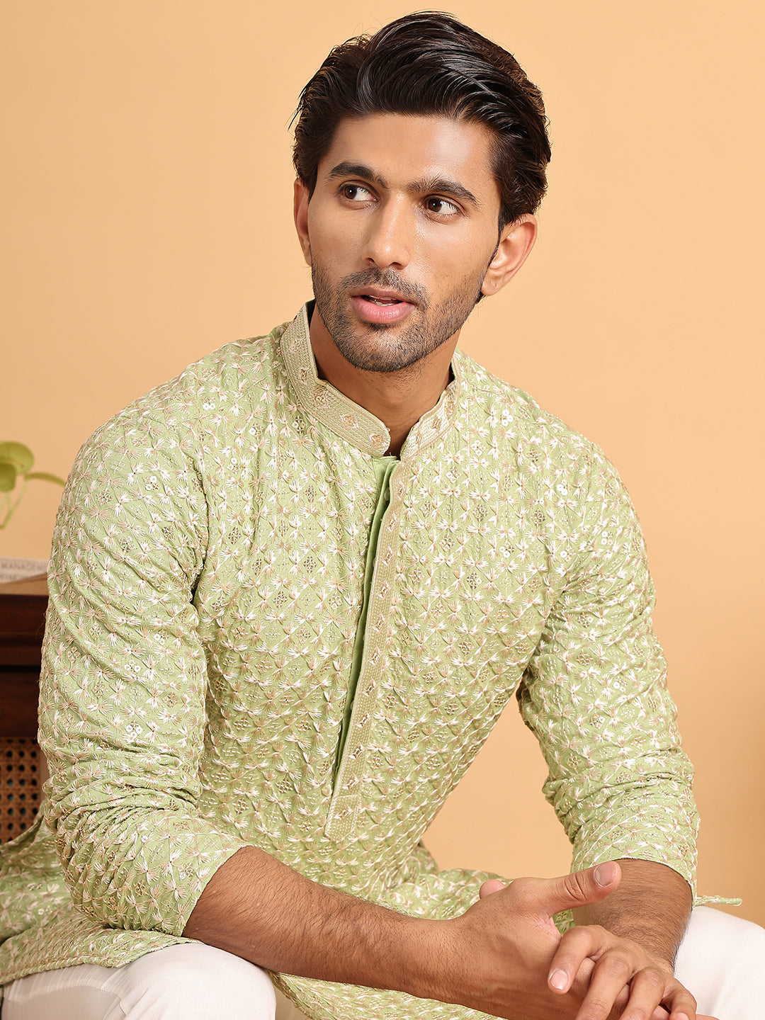 Embroidered Viscose Kurta Set For Men ( JOKP P 5110Green )
