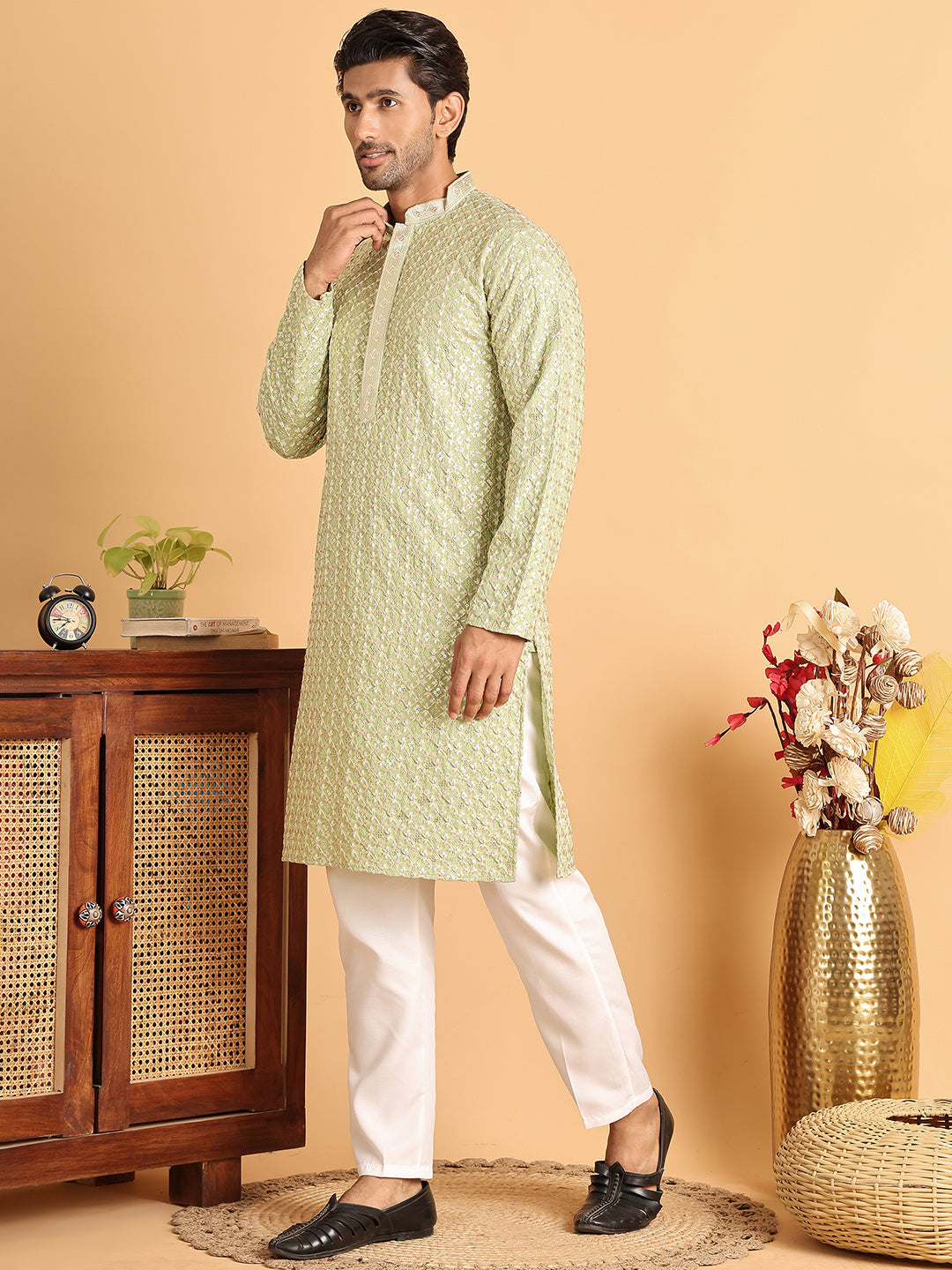Embroidered Viscose Kurta Set For Men ( JOKP P 5110Green )