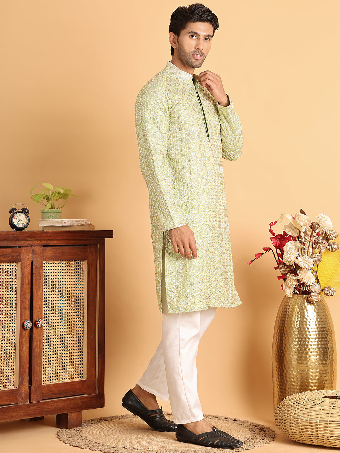 Embroidered Viscose Kurta Set For Men ( JOKP P 5110Green )