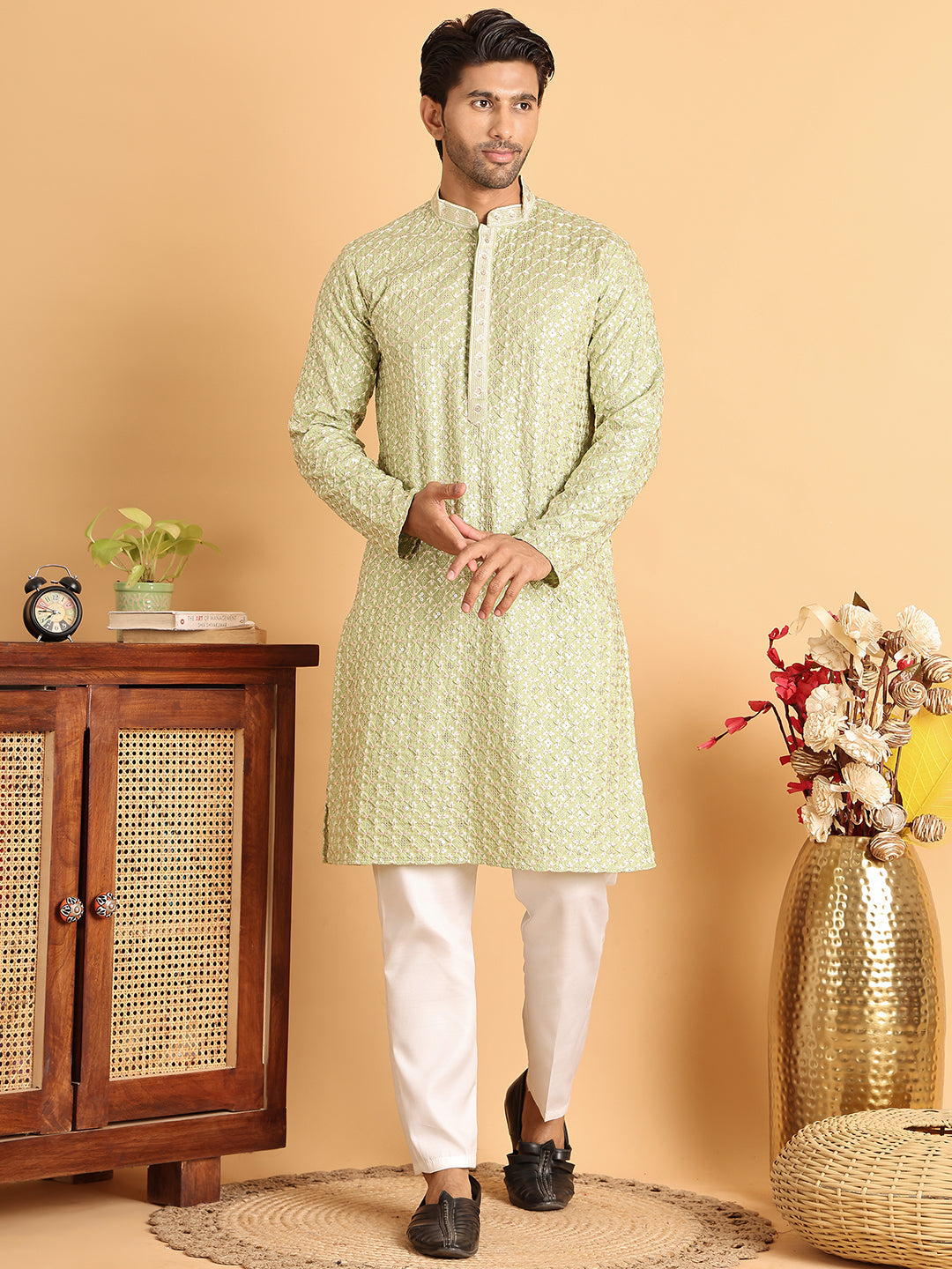Embroidered Viscose Kurta Set For Men ( JOKP P 5110Green )