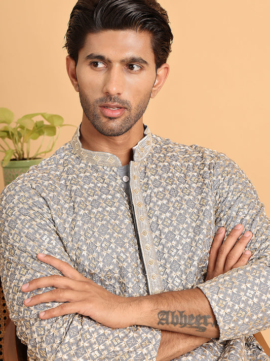 Embroidered Viscose Kurta Set For Men ( JOKP P 5110Grey )