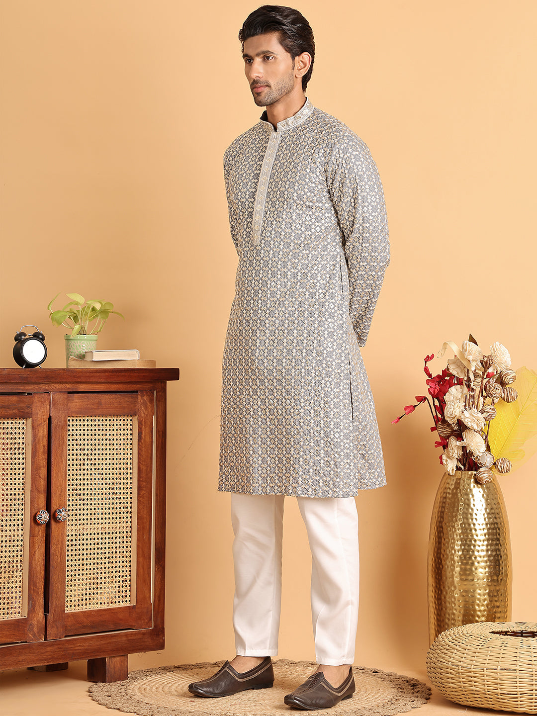 Embroidered Viscose Kurta Set For Men ( JOKP P 5110Grey )