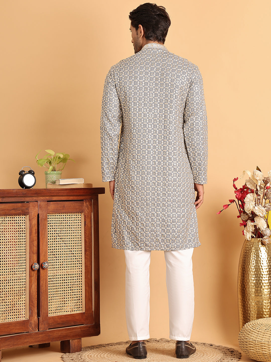Embroidered Viscose Kurta Set For Men ( JOKP P 5110Grey )