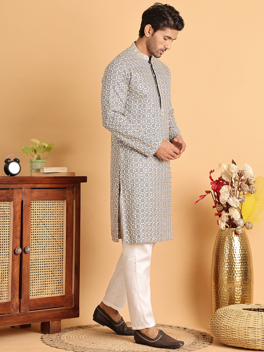 Embroidered Viscose Kurta Set For Men ( JOKP P 5110Grey )