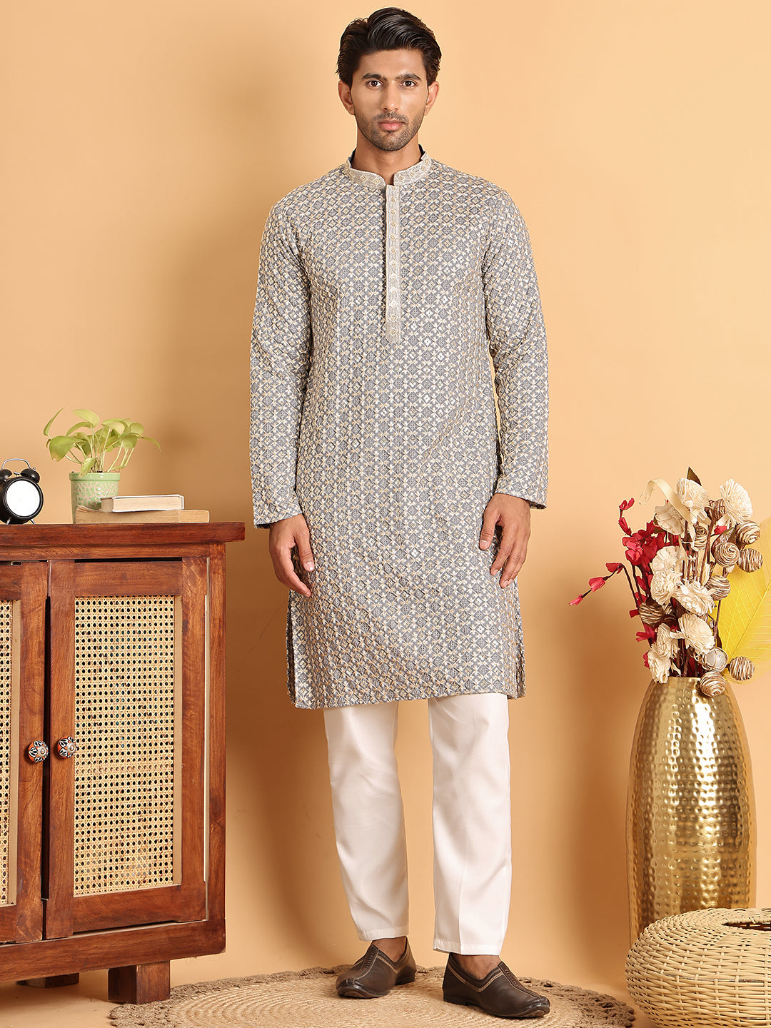 Embroidered Viscose Kurta Set For Men ( JOKP P 5110Grey )