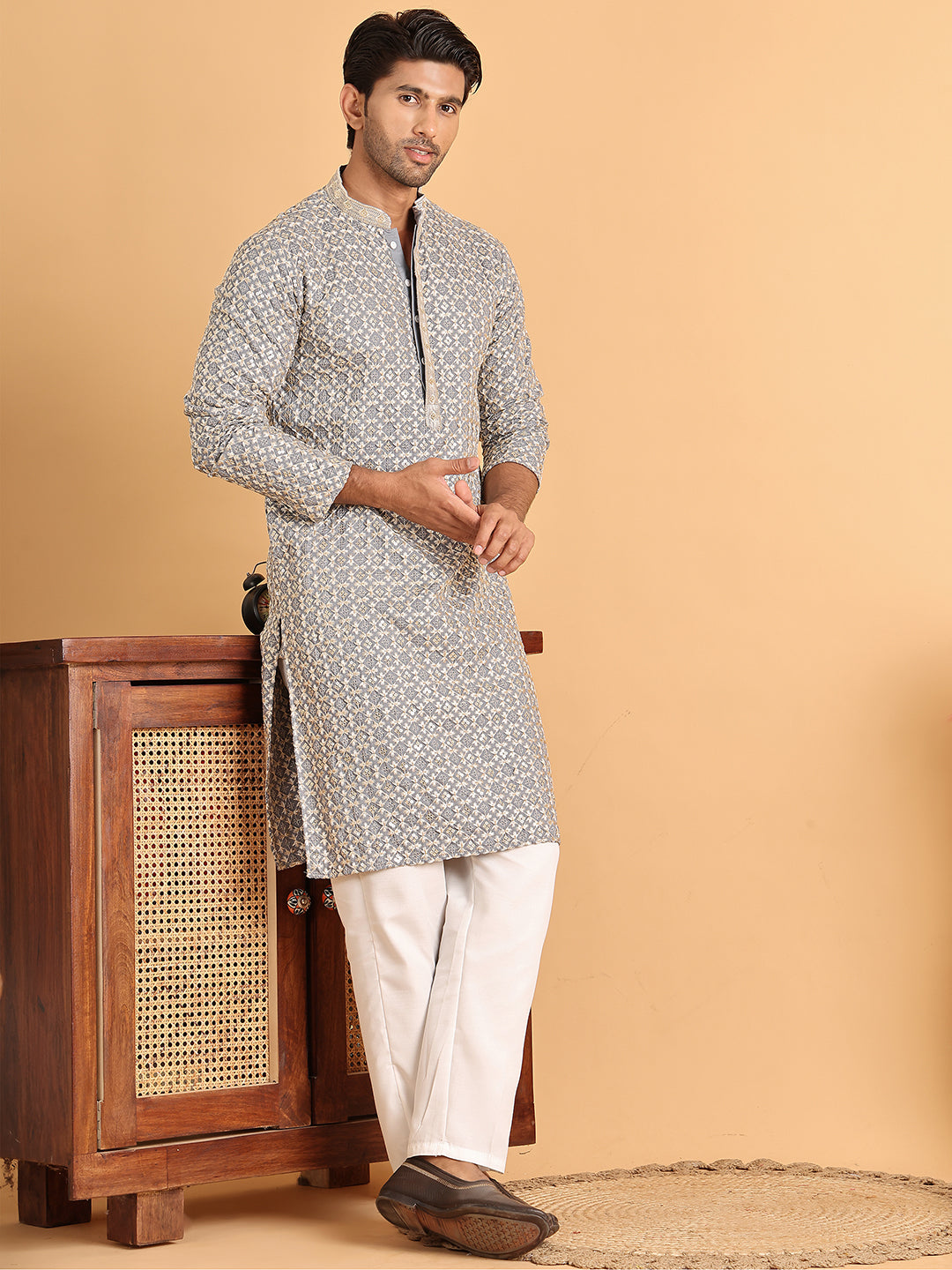 Embroidered Viscose Kurta Set For Men ( JOKP P 5110Grey )