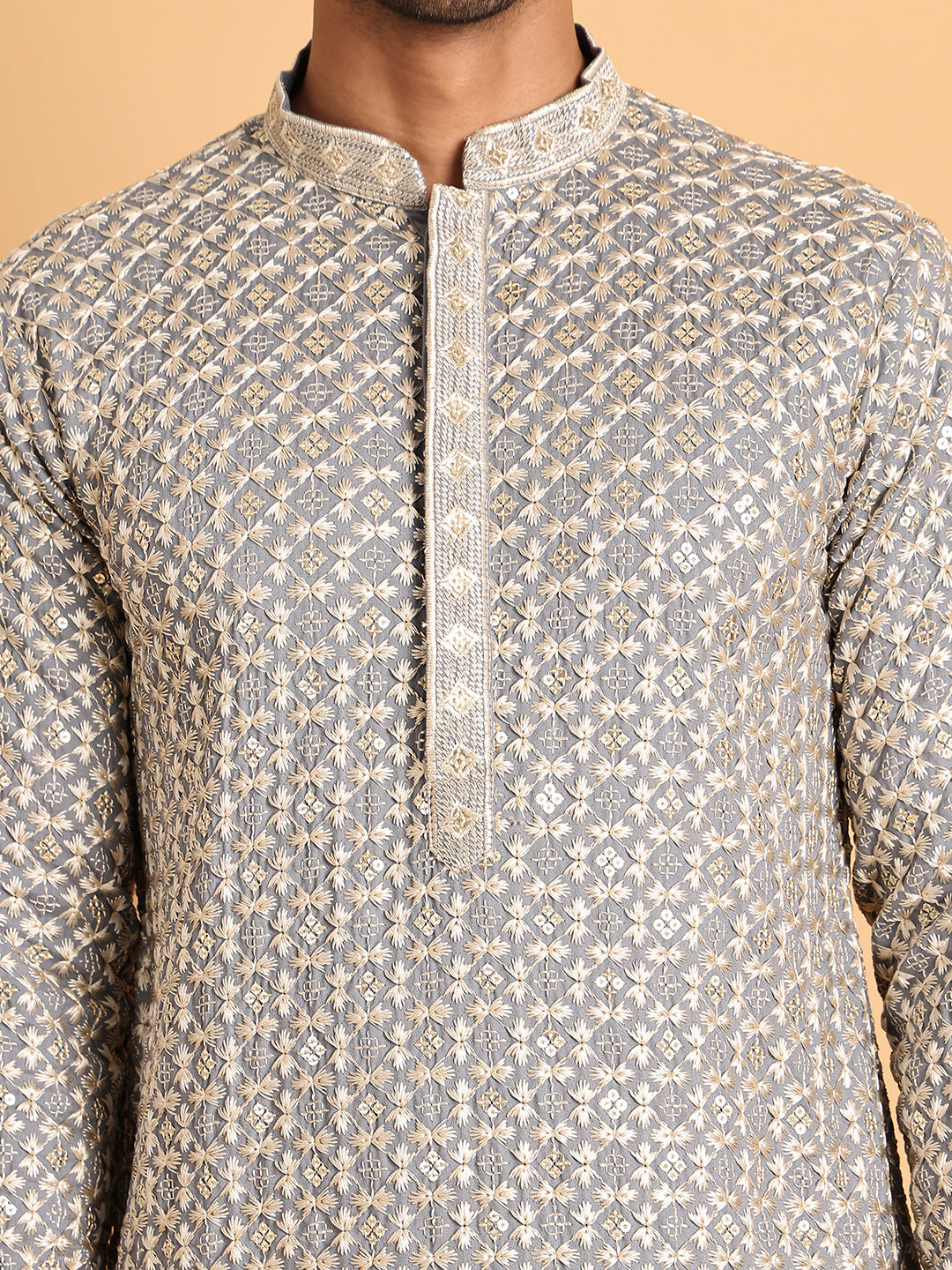 Embroidered Viscose Kurta Set For Men ( JOKP P 5110Grey )