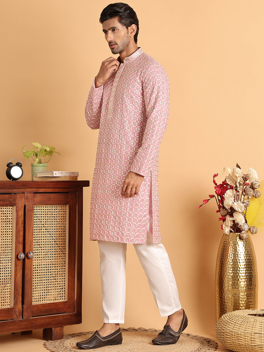 Embroidered Viscose Kurta Set For Men ( JOKP P 5110Pink )