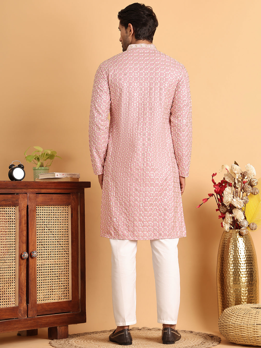 Embroidered Viscose Kurta Set For Men ( JOKP P 5110Pink )