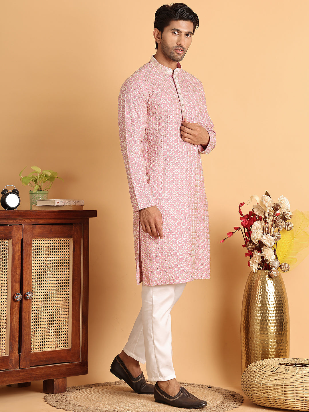 Embroidered Viscose Kurta Set For Men ( JOKP P 5110Pink )