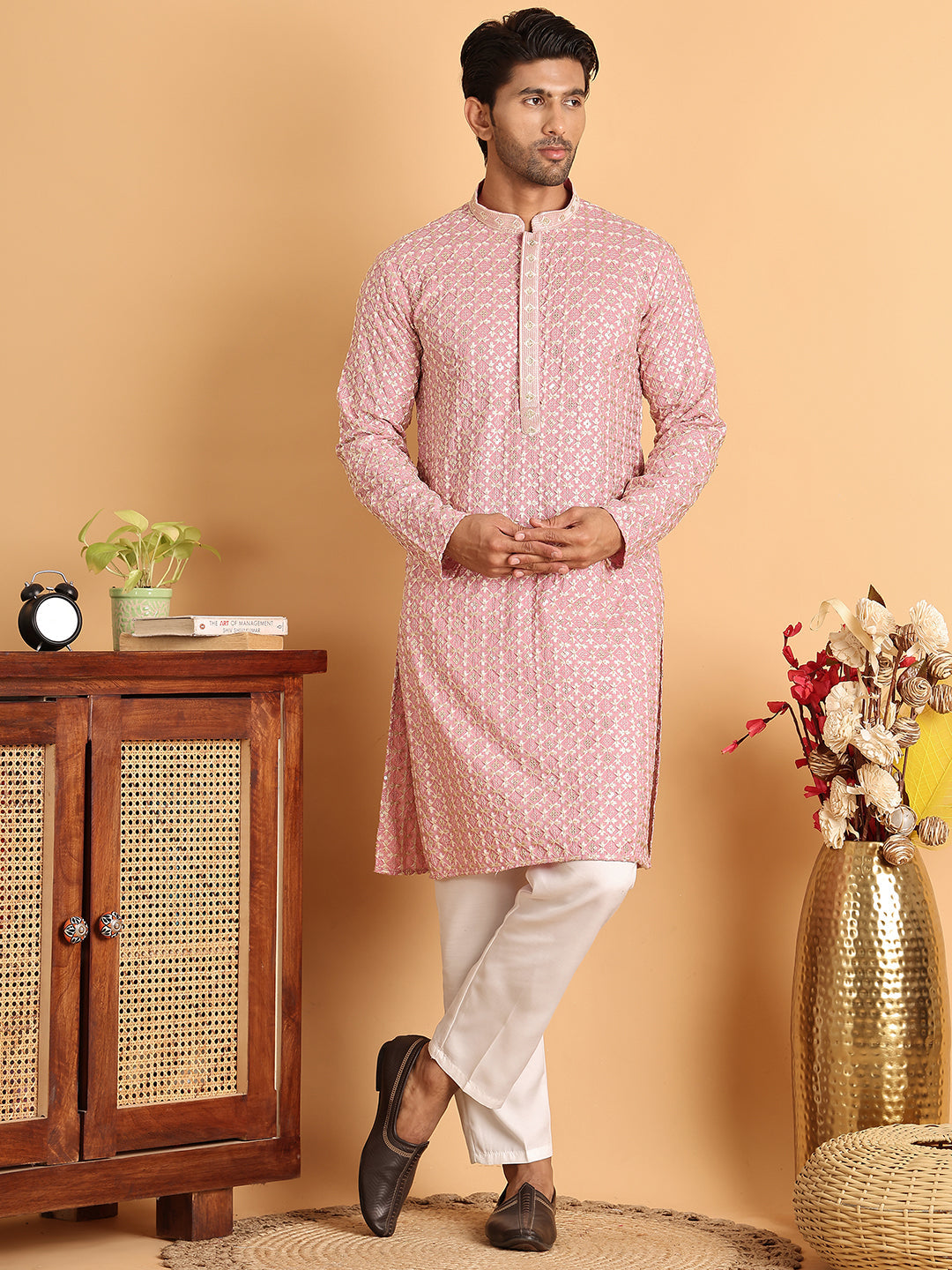 Embroidered Viscose Kurta Set For Men ( JOKP P 5110Pink )