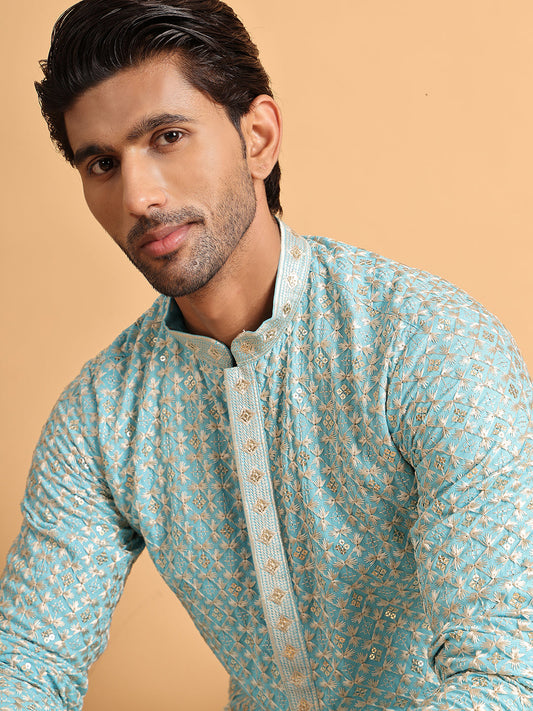 Embroidered Viscose Kurta Set For Men ( JOKP P 5110Sky )