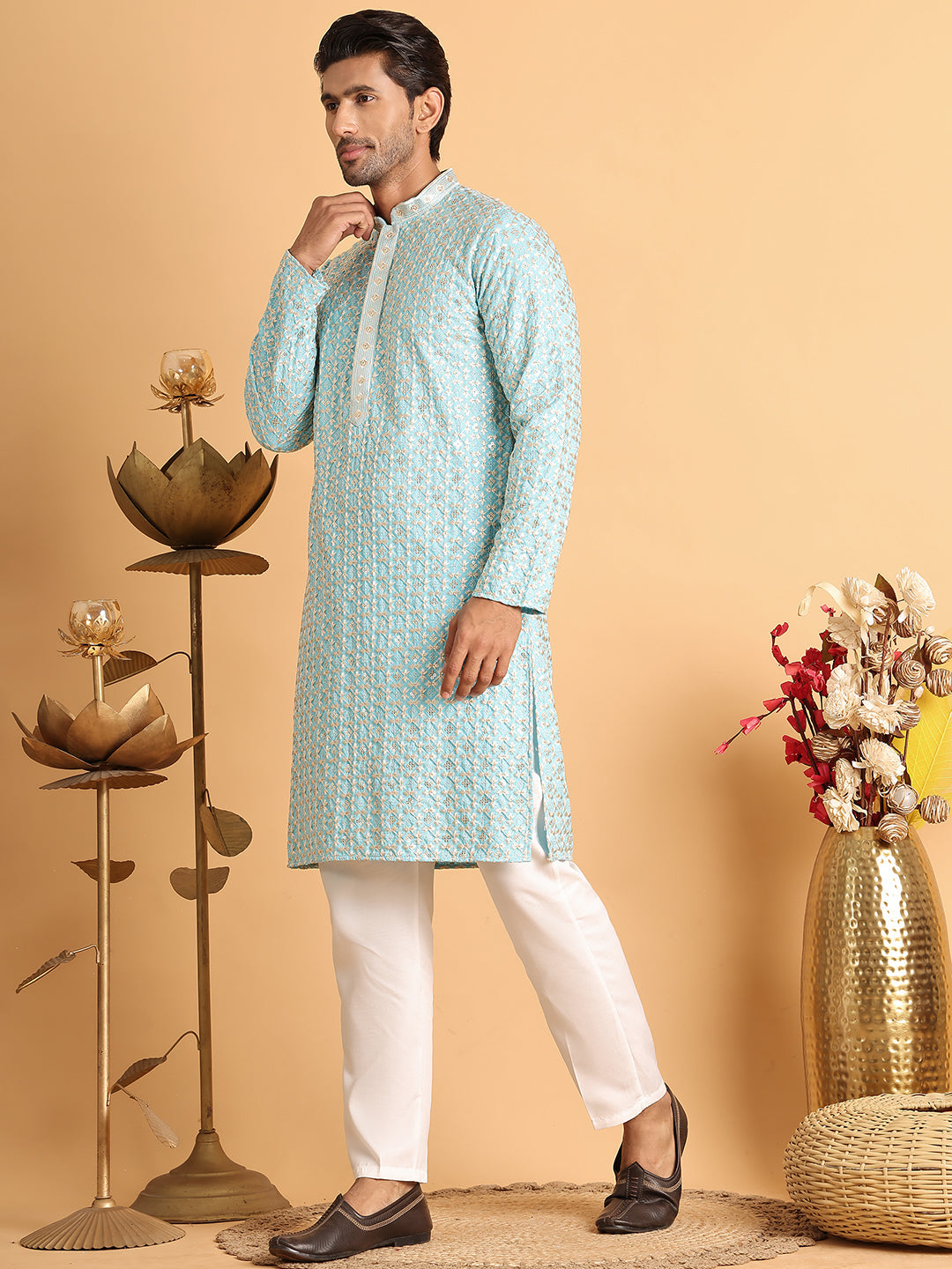 Embroidered Viscose Kurta Set For Men ( JOKP P 5110Sky )