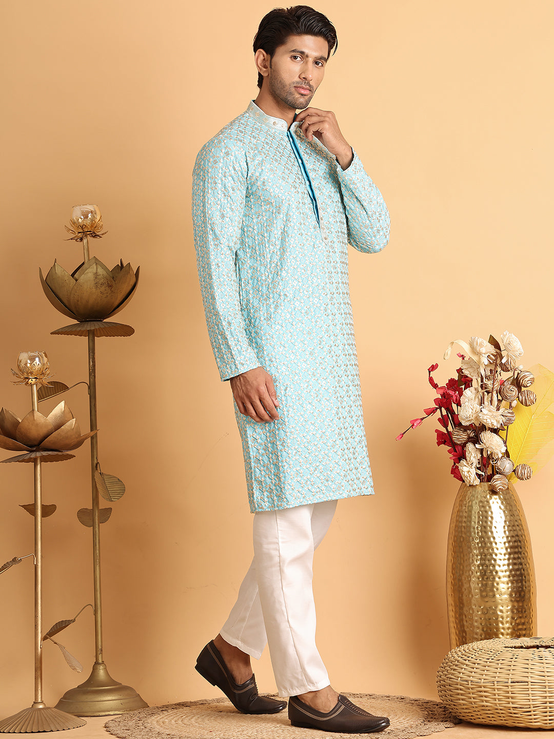 Embroidered Viscose Kurta Set For Men ( JOKP P 5110Sky )
