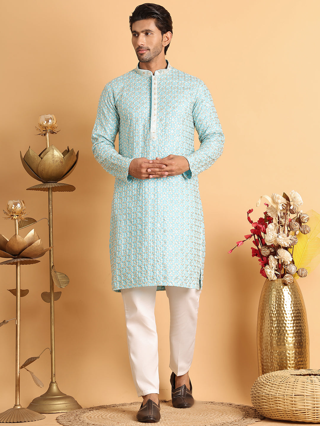 Embroidered Viscose Kurta Set For Men ( JOKP P 5110Sky )