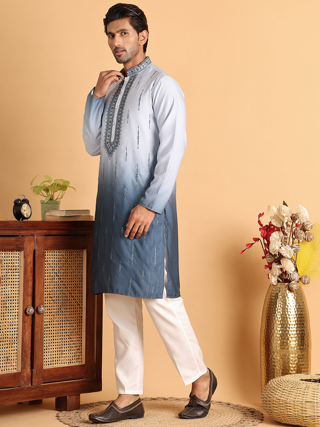 Ombre Printed Straght Kurta Pyjama for Men ( JOKP P 5111Blue )