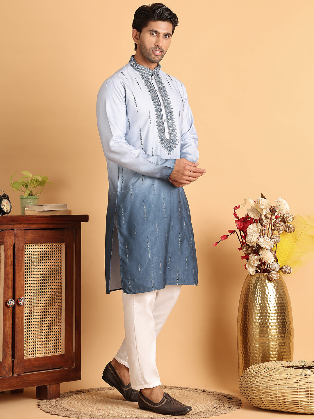 Ombre Printed Straght Kurta Pyjama for Men ( JOKP P 5111Blue )