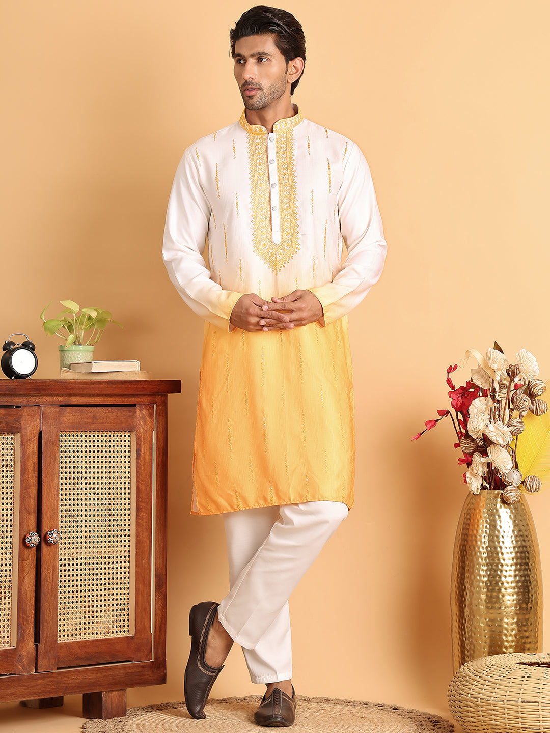 Ombre Printed Straght Kurta Pyjama for Men ( JOKP P 5111Yellow )