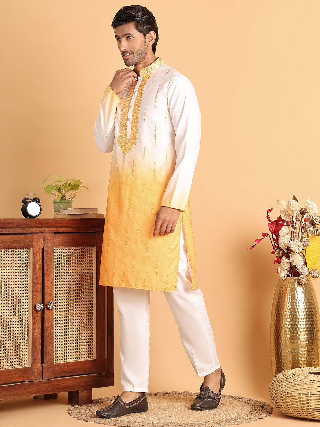 Ombre Printed Straght Kurta Pyjama for Men ( JOKP P 5111Yellow )