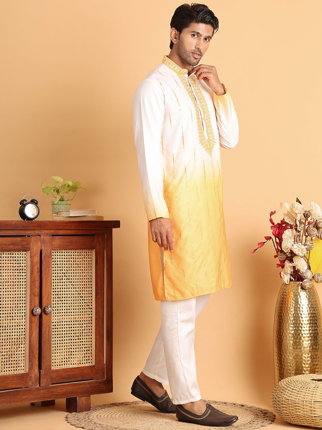 Ombre Printed Straght Kurta Pyjama for Men ( JOKP P 5111Yellow )