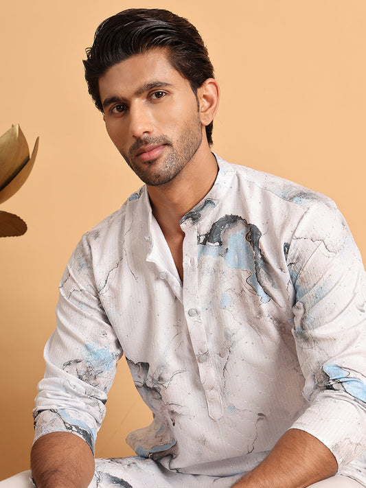 Marble Printed Sequin Cotton Kurta Pyjama Set ( JOKP P 5112Blue )