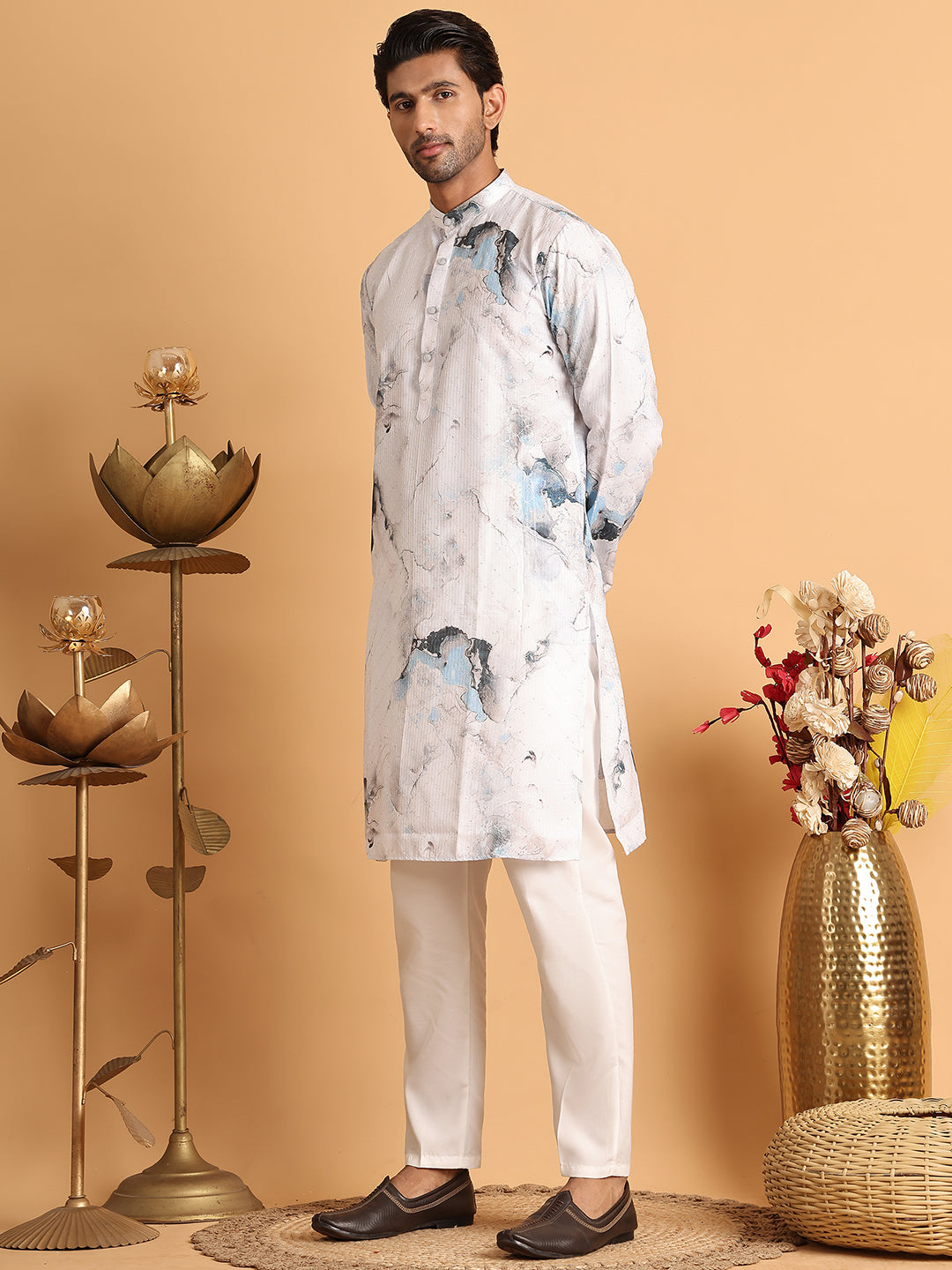Marble Printed Sequin Cotton Kurta Pyjama Set ( JOKP P 5112Blue )
