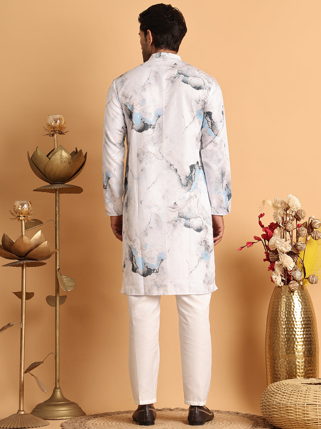 Marble Printed Sequin Cotton Kurta Pyjama Set ( JOKP P 5112Blue )