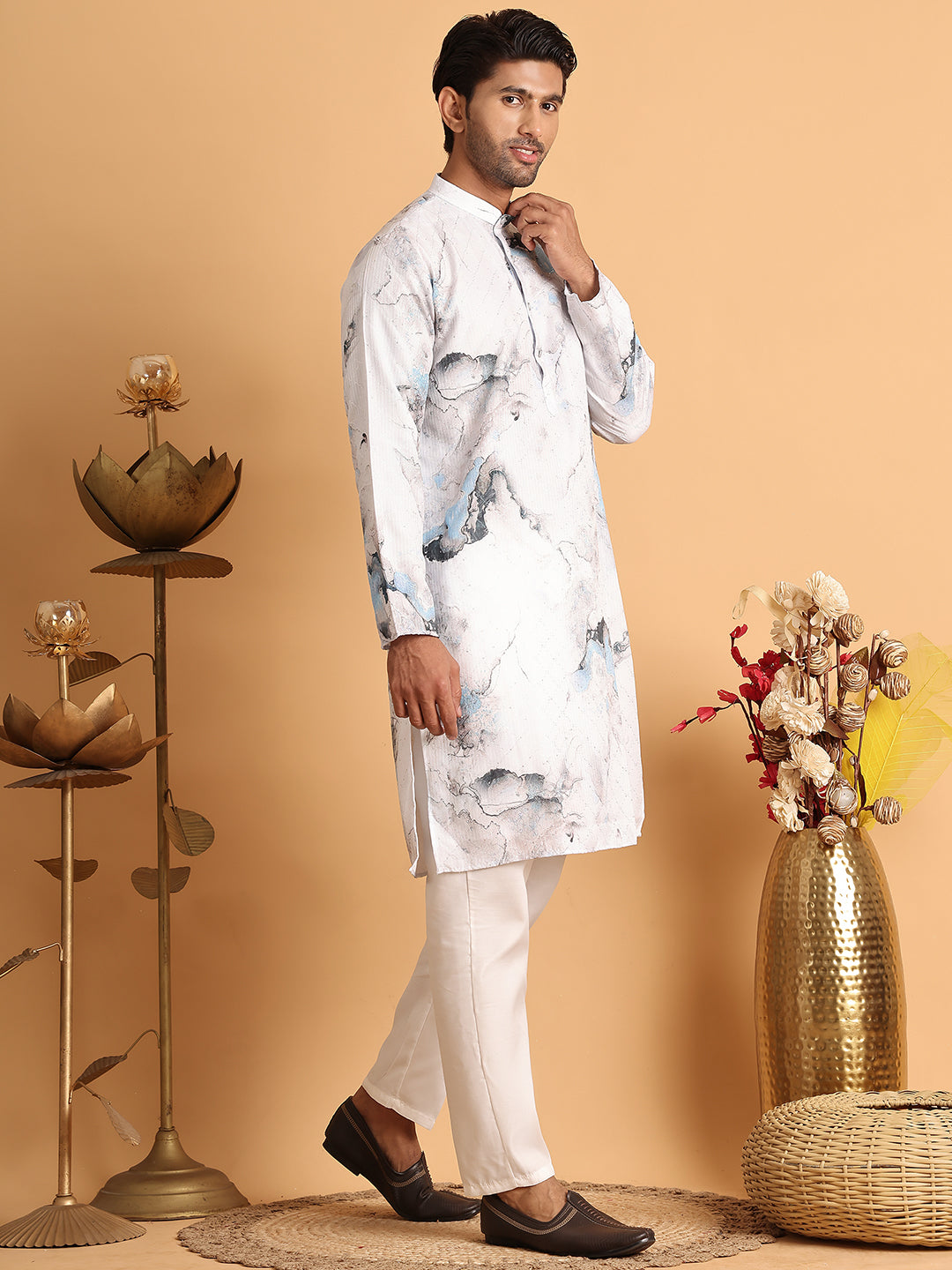 Marble Printed Sequin Cotton Kurta Pyjama Set ( JOKP P 5112Blue )
