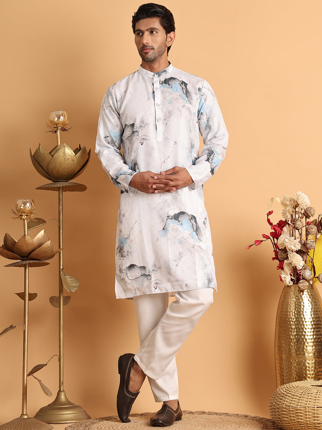 Marble Printed Sequin Cotton Kurta Pyjama Set ( JOKP P 5112Blue )