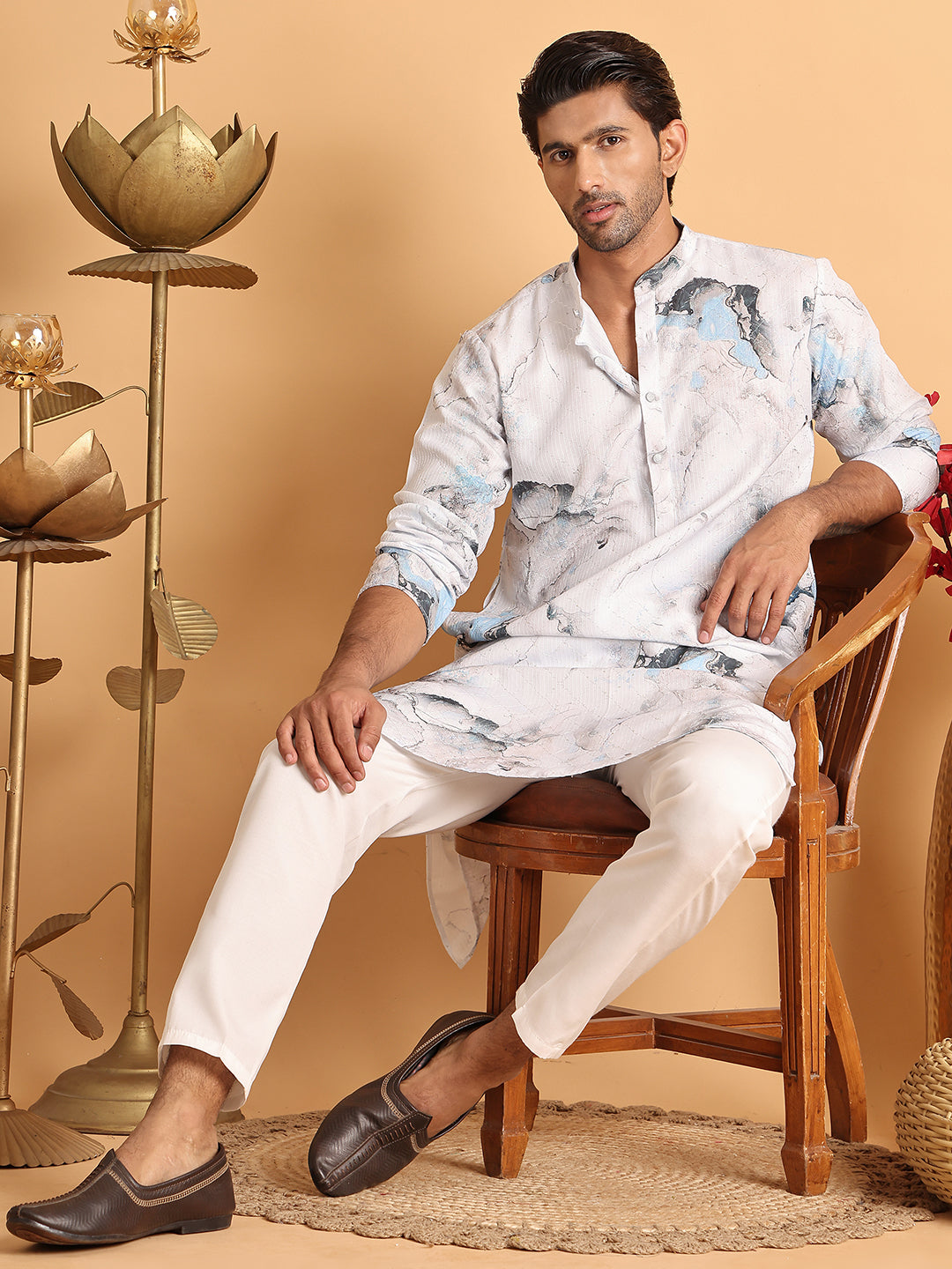 Marble Printed Sequin Cotton Kurta Pyjama Set ( JOKP P 5112Blue )