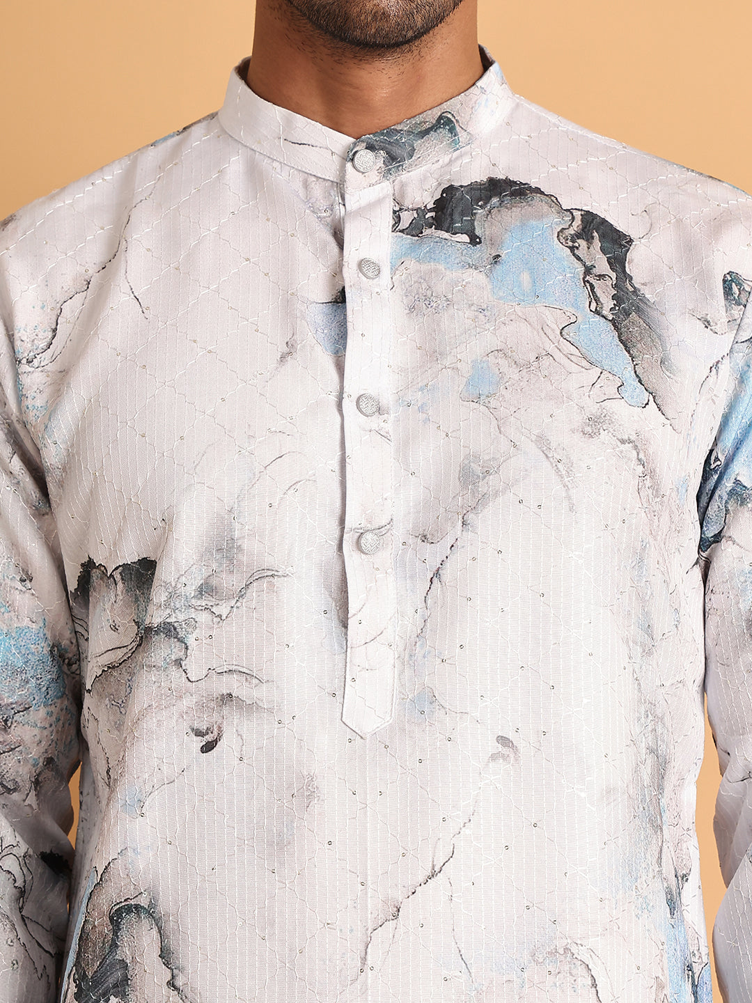 Marble Printed Sequin Cotton Kurta Pyjama Set ( JOKP P 5112Blue )