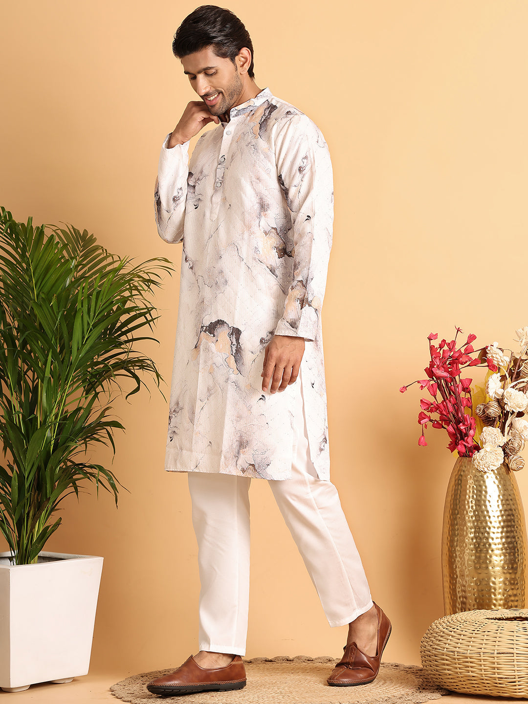Marble Printed Sequin Cotton Kurta Pyjama Set ( JOKP P 5112Brown )