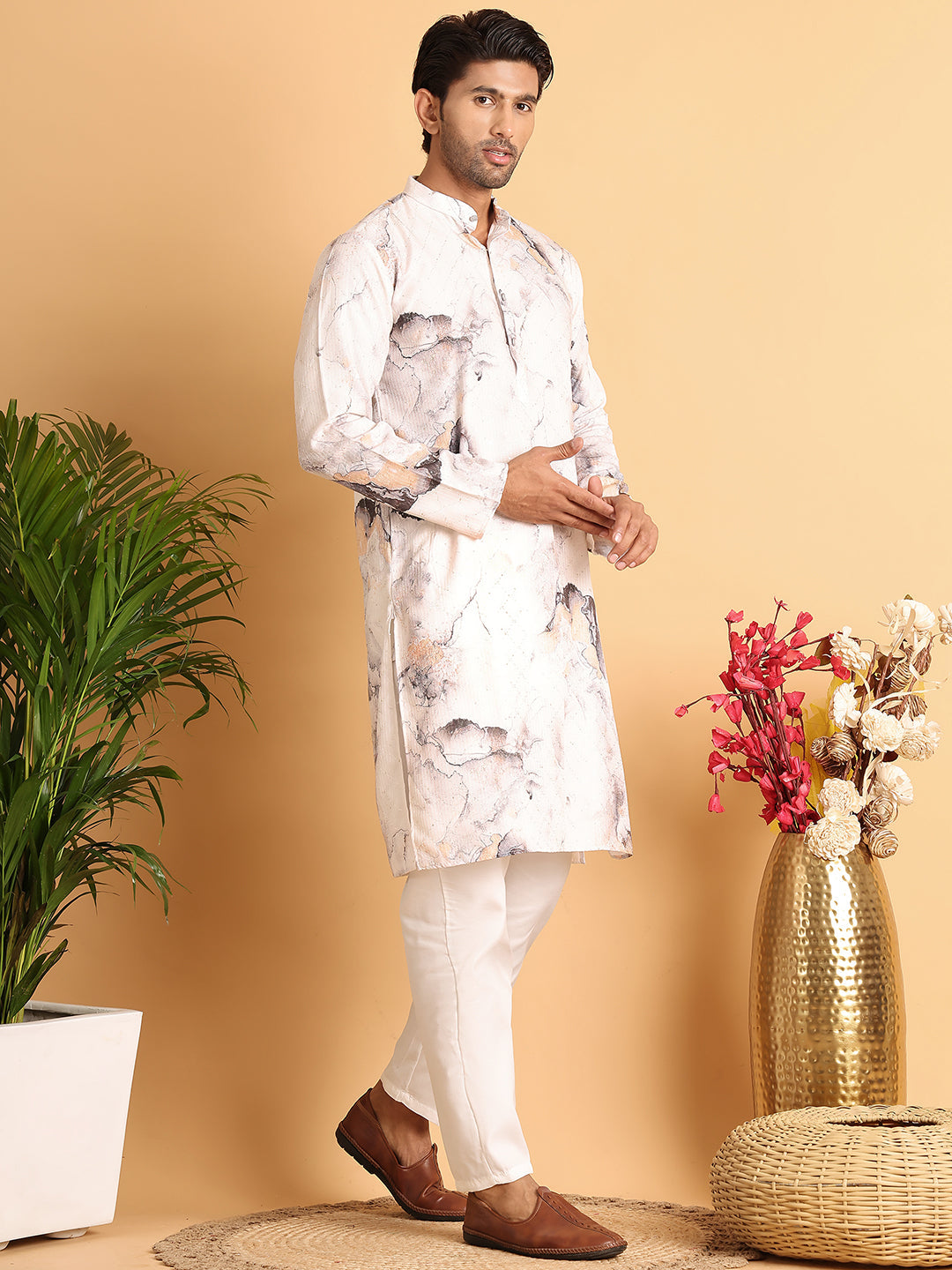 Marble Printed Sequin Cotton Kurta Pyjama Set ( JOKP P 5112Brown )