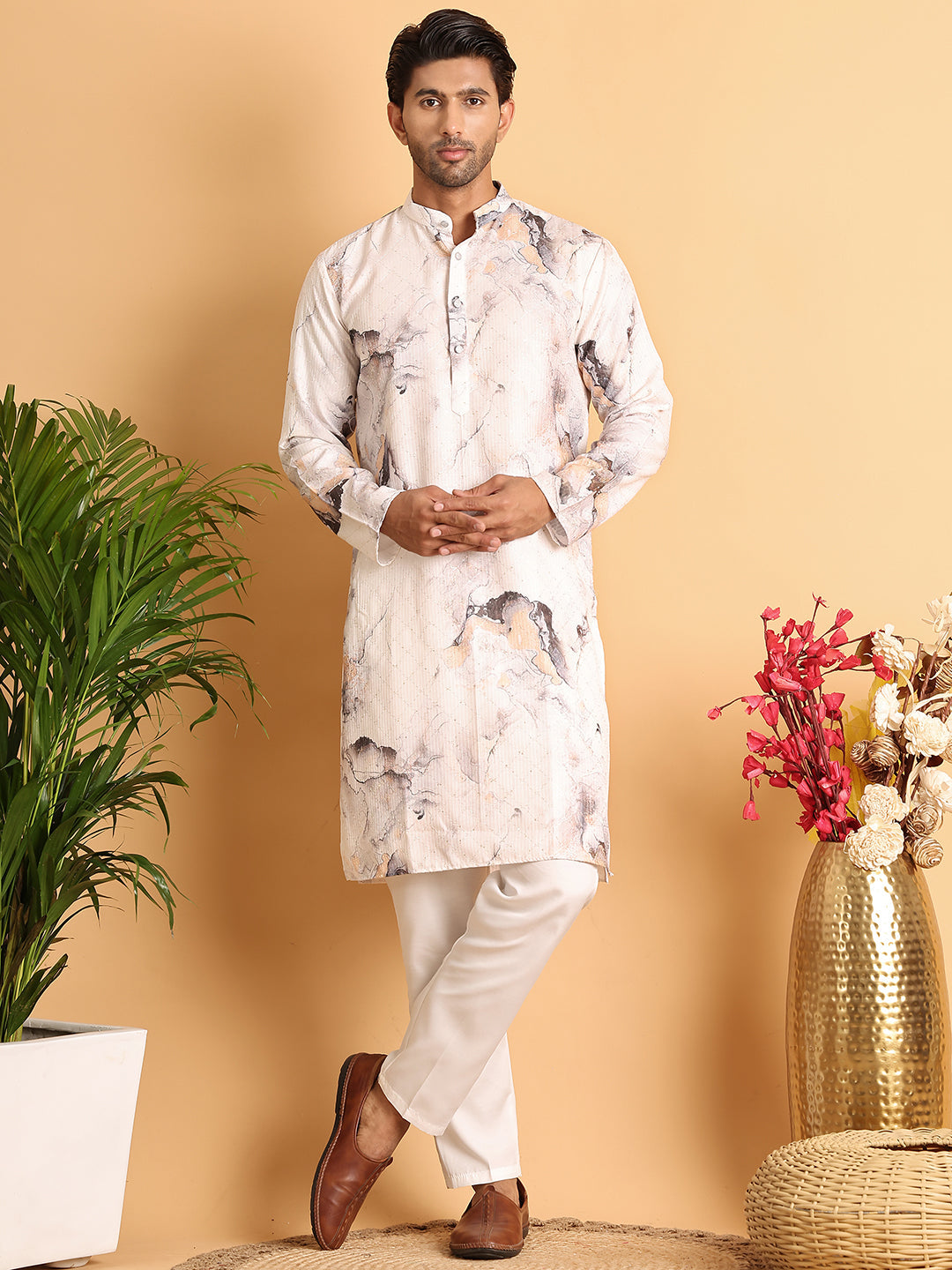 Marble Printed Sequin Cotton Kurta Pyjama Set ( JOKP P 5112Brown )