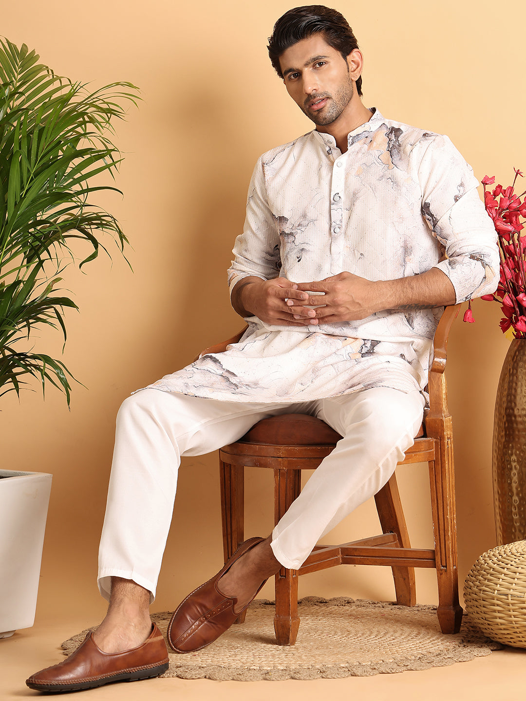 Marble Printed Sequin Cotton Kurta Pyjama Set ( JOKP P 5112Brown )