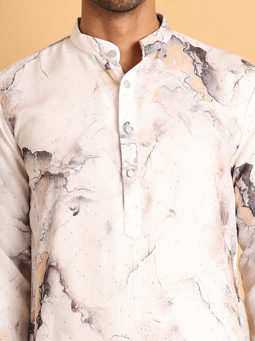 Marble Printed Sequin Cotton Kurta Pyjama Set ( JOKP P 5112Brown )