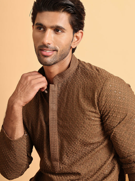 Sequins & Embroidered Viscose Kurta Set For Men ( JOKP P 5113Brown )