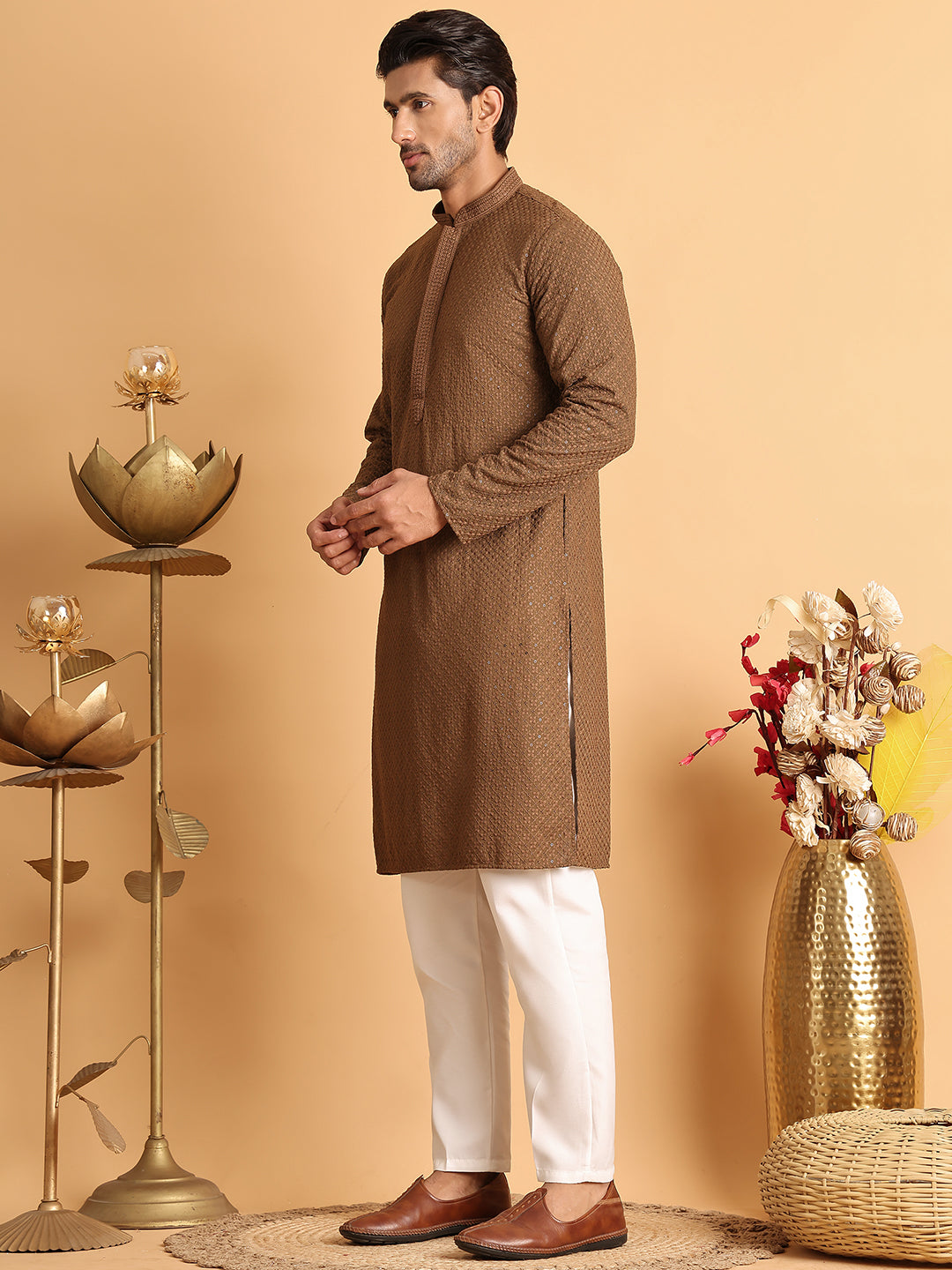 Sequins & Embroidered Viscose Kurta Set For Men ( JOKP P 5113Brown )