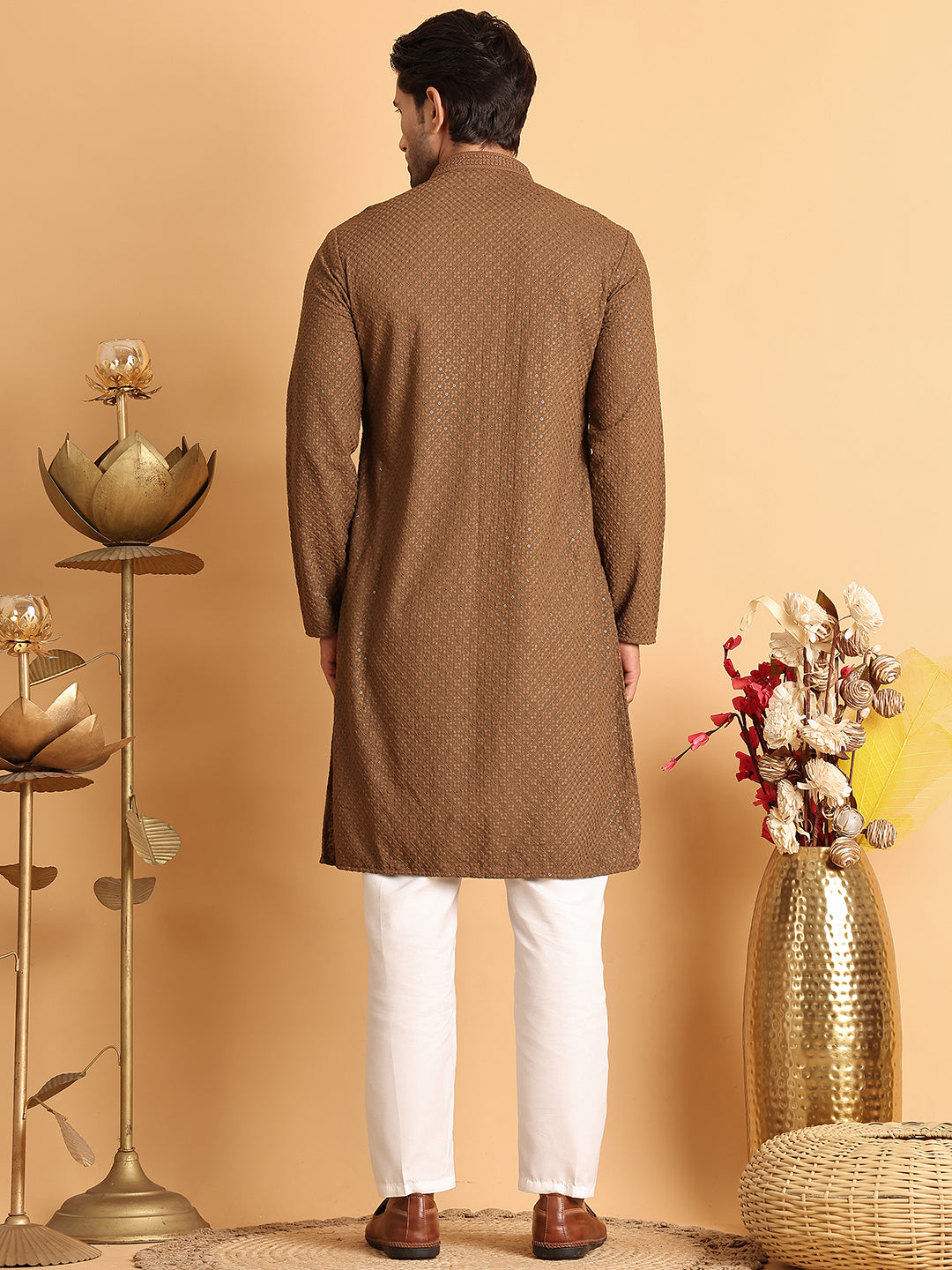 Sequins & Embroidered Viscose Kurta Set For Men ( JOKP P 5113Brown )