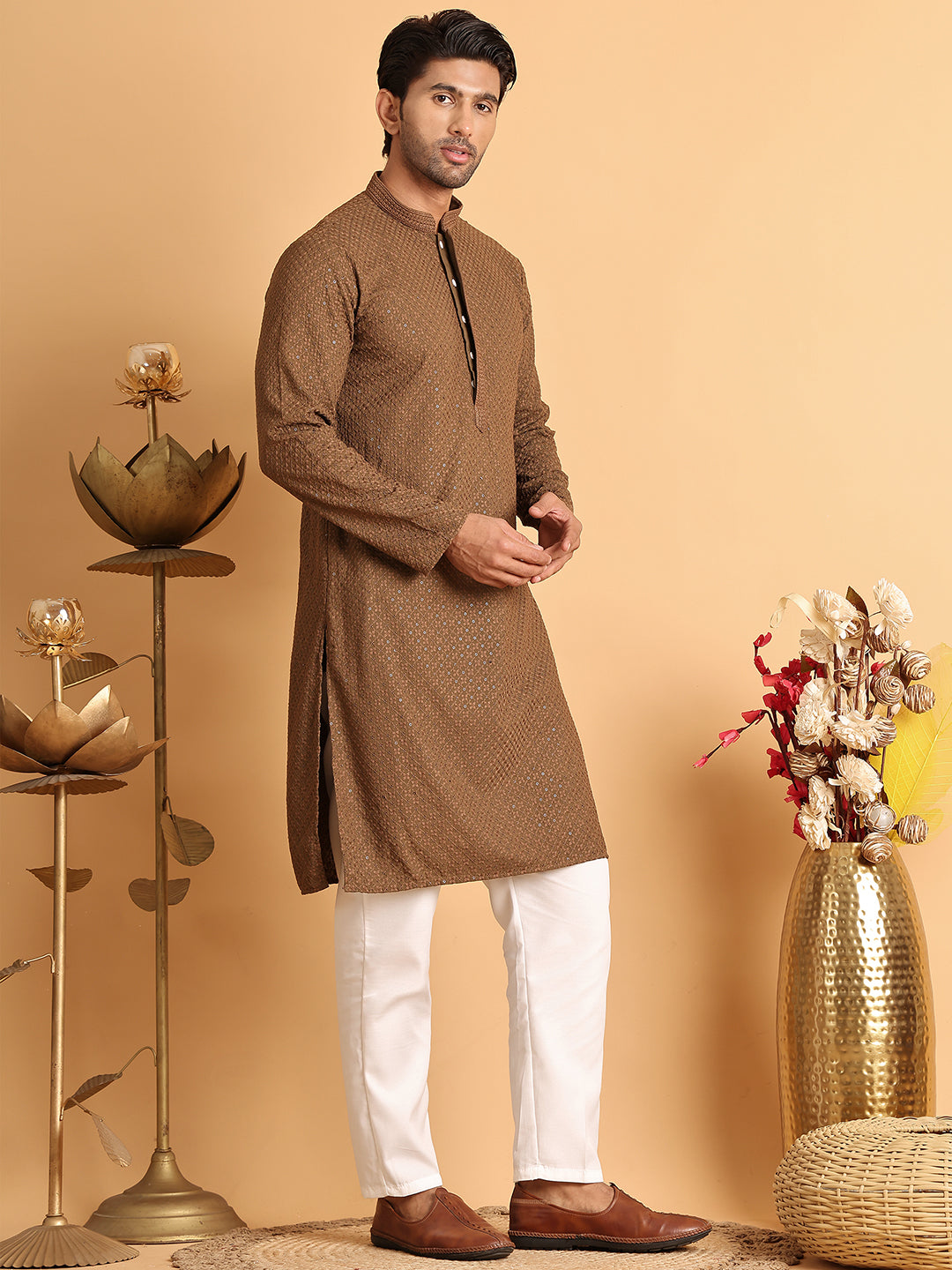 Sequins & Embroidered Viscose Kurta Set For Men ( JOKP P 5113Brown )